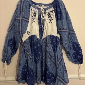 Free People Small Patchwork Day Dreaming Mini Dress Indigo Blue Boho Western